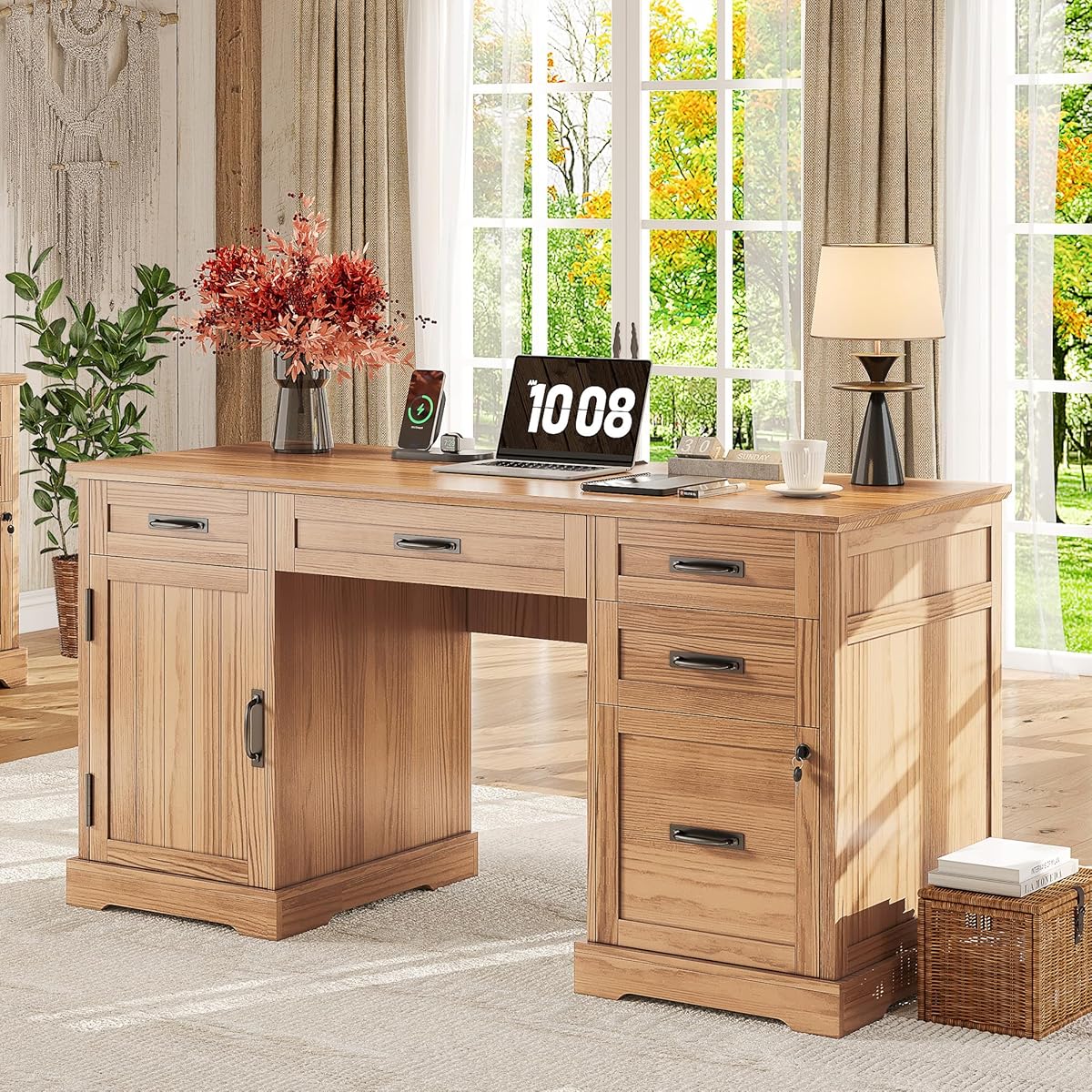 55'' Farmhouse Desk Home Office with Drawers, Executive Computer Desk Wooden with File Cabinet and Charging Station, Light Walnut