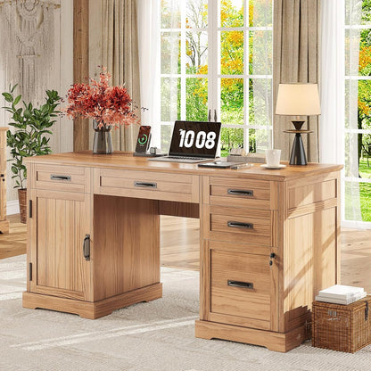 55'' Farmhouse Desk Home Office with Drawers, Executive Computer Desk Wooden with File Cabinet and Charging Station, Light Walnut
