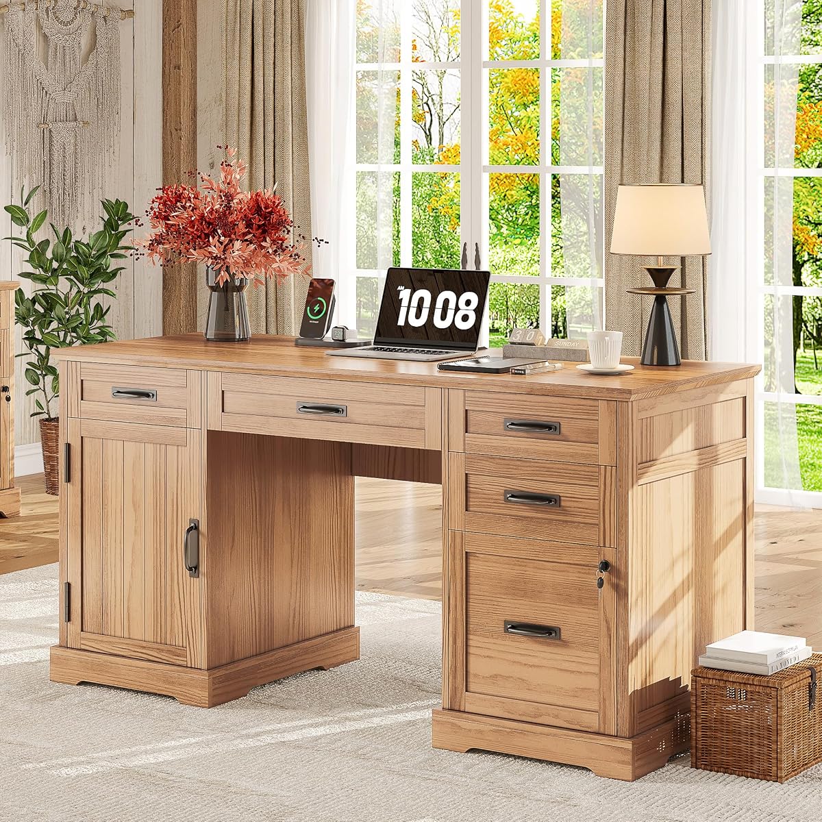 55'' Farmhouse Desk Home Office with Drawers, Light Walnut
