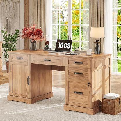55'' Farmhouse Desk Home Office with Drawers, Light Walnut