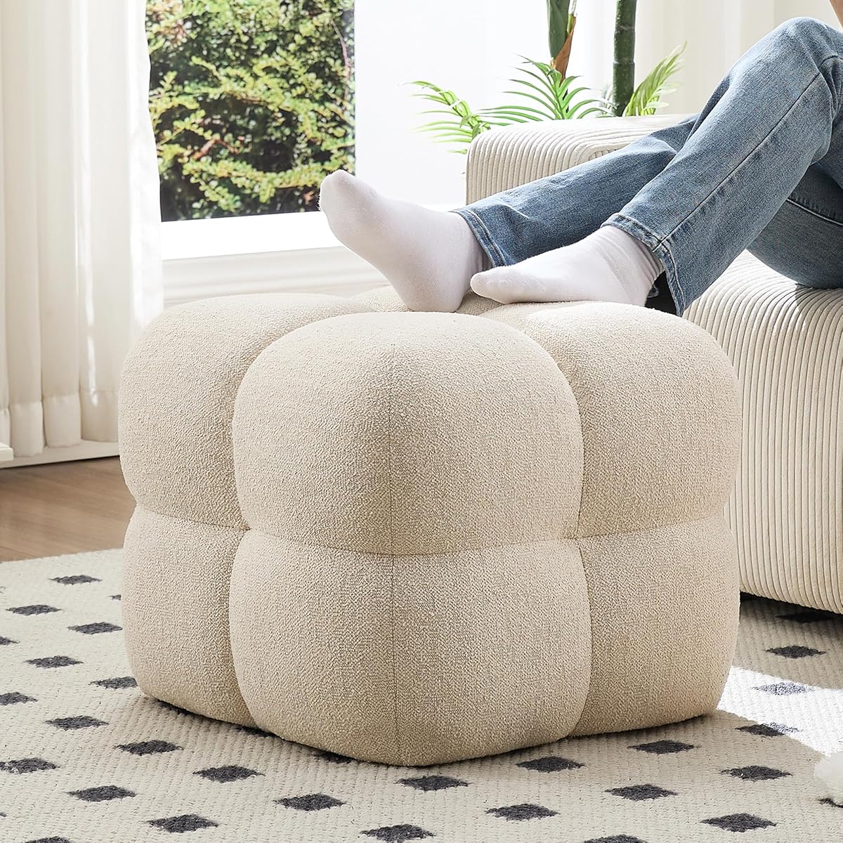 Beige Modern Ottoman, 21" Square Funky Pouf Ottoman, Linen Fabric Upholsered Foot Rest, Small Coffee Table & Couch Footstool & Vanity Chair for Living Room Bedroom, Dorm, Cute Pouf Home Decor