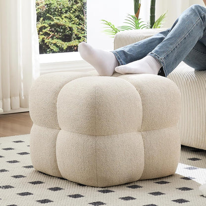 Beige Modern Ottoman, 21" Square Funky Pouf Ottoman, Linen Fabric Upholsered Foot Rest, Small Coffee Table & Couch Footstool & Vanity Chair for Living Room Bedroom, Dorm, Cute Pouf Home Decor