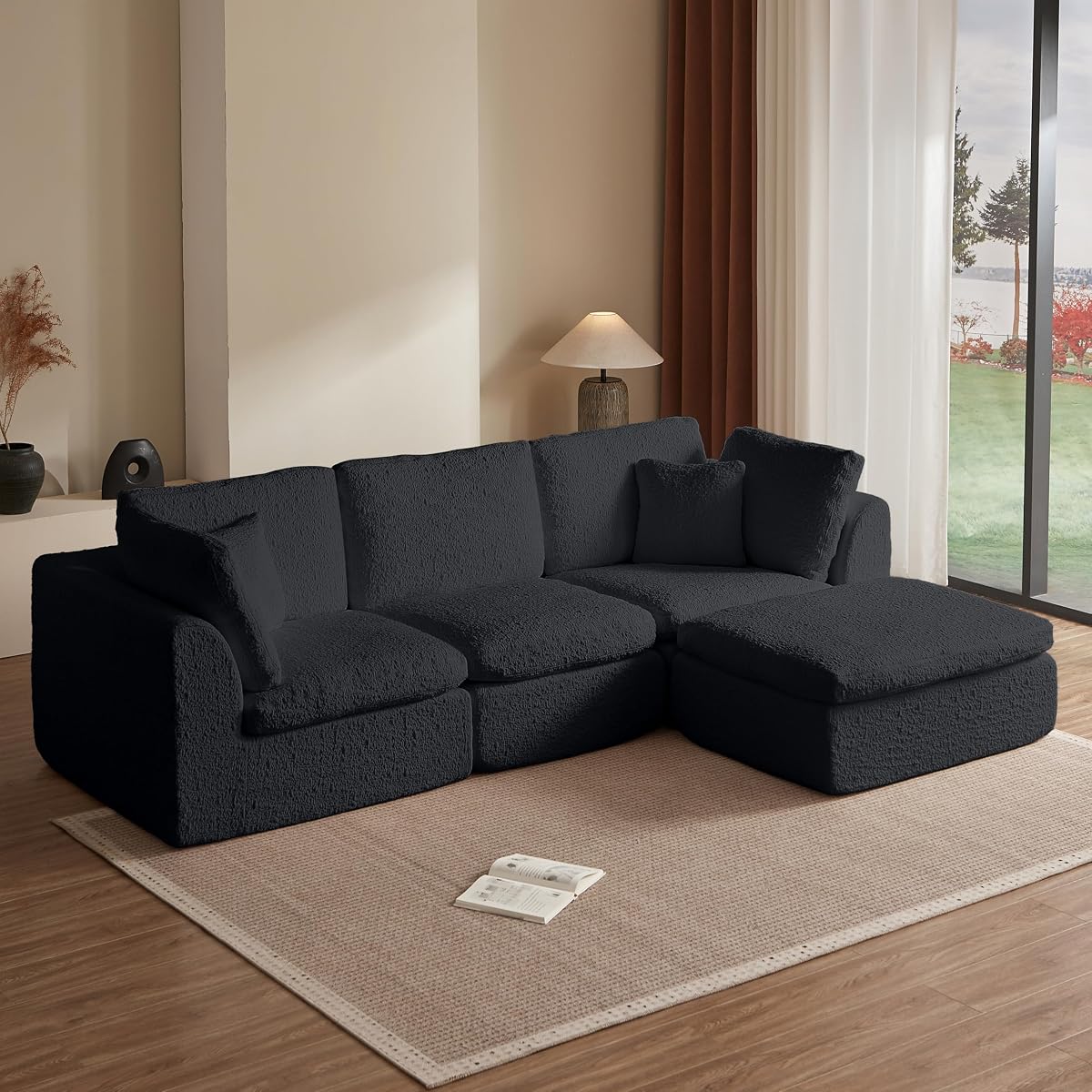 110" Cloud Sectional Couches for Living Room, Convertible L Shape Couch with Ottoman, 3 Seater Modular Sectional Sofa, Black