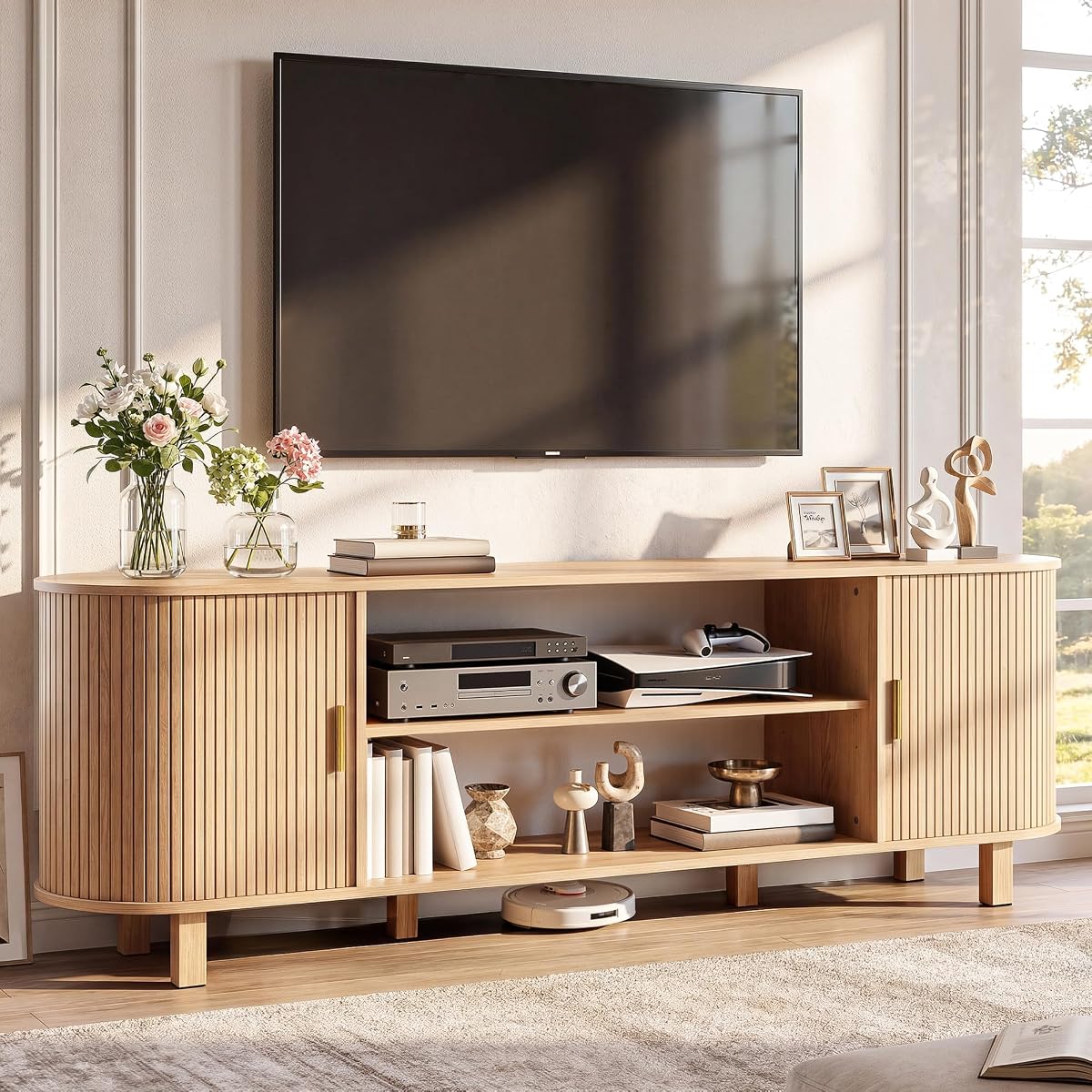 70" Mid Century TV Stand with Fluted Sliding Doors, Natural Oak