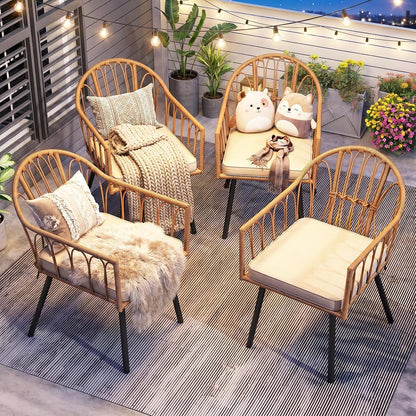 4 Pieces Rattan Wicker Dinning Chairs, Outdoor Indoor Patio Furniture Set with Cushion and Curved Back All Weather Bistro Chair for Garden Backyard Porch Poolside Restaurant (Beige)