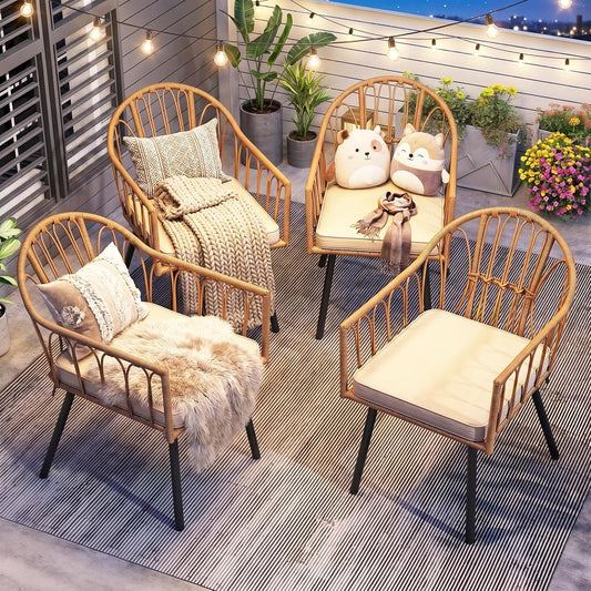 4 Pieces Rattan Wicker Dinning Chairs, Outdoor Indoor Patio Furniture Set with Cushion and Curved Back All Weather Bistro Chair for Garden Backyard Porch Poolside Restaurant (Beige)