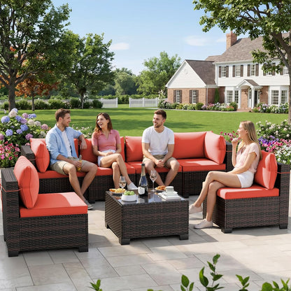 7-Piece Outdoor Patio Furniture Sets, Manual Weaving Rattan Conversation Sectional Sofa with Tempered Glass Coffee Table, All-Weather PE Wicker & Thick Cushions for Garden, Backyard, Porch