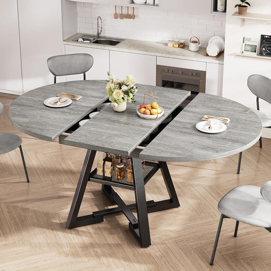 Expandable Kitchen Dining Table for 4-6, Oval Round Dining Table with Storage Shelf and Removable Extension Leaf, Space Saving Pedestal Table for Dining Room, Modern Industrial Style (Grey)