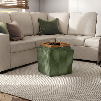 Lennox Modern Chenille 17-inch Square Storage Ottoman with Reversible Tray Top, Upholstered Footstool for Living Room, Bedroom, Entryway, Green