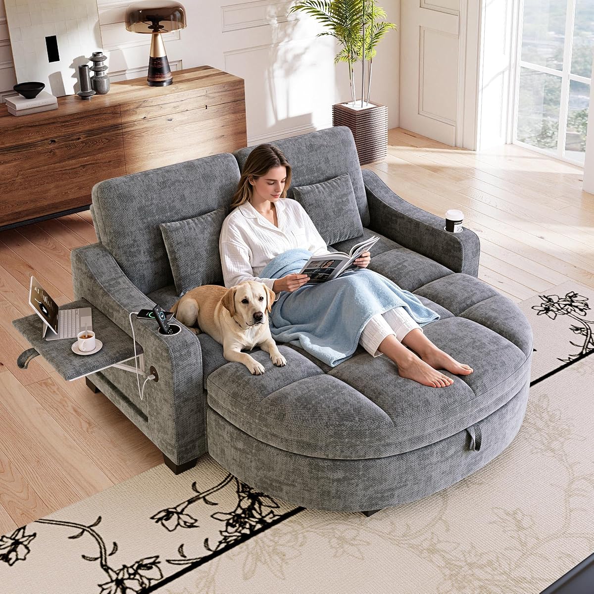 60” Loveseat Chaise Lounge Chair with Ottoman
