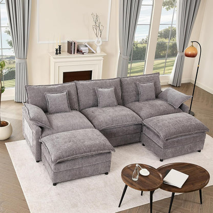 108" U-Shaped Modular Cloud Couch, Deep Seat, Chenille Slate | Cloud Comfort, Couches for Living Room, Removable & Machine-Washable Covers, Movable Ottoman, Modular Sectional Sofa