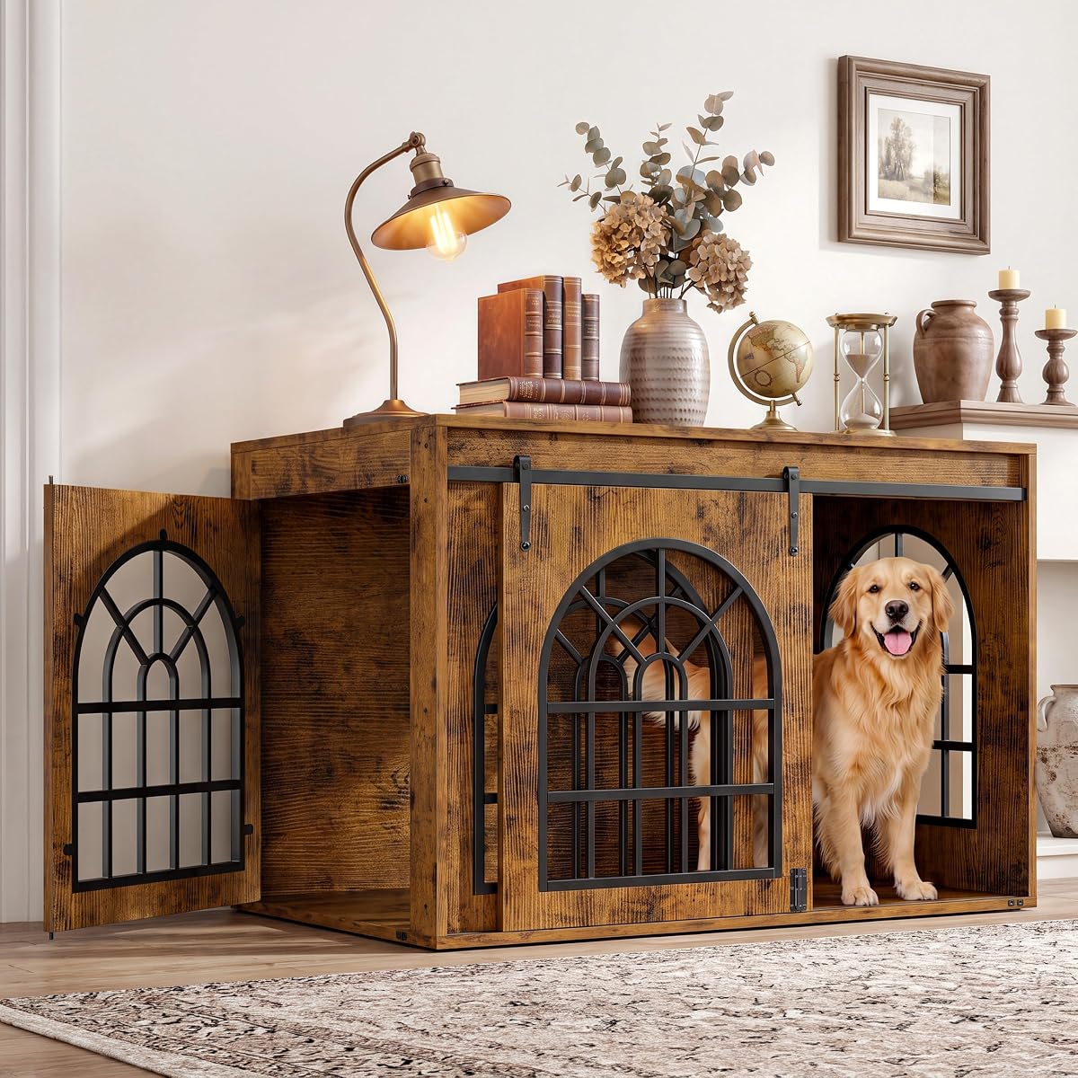 45.1" Dog Crate Furniture with Sliding Barn Door (Brown)