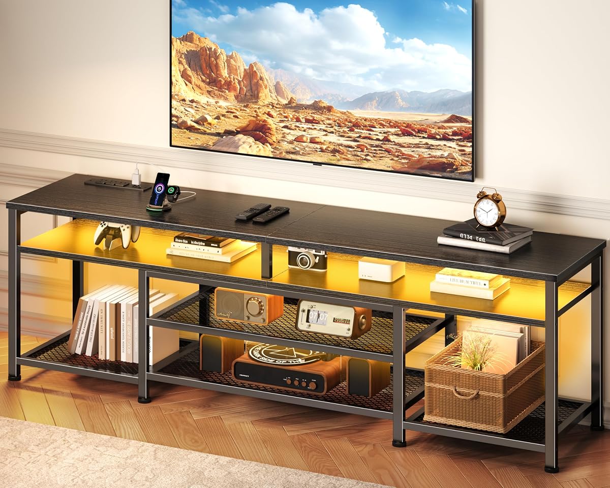 Black TV stand with outlets and lights for bedrooms