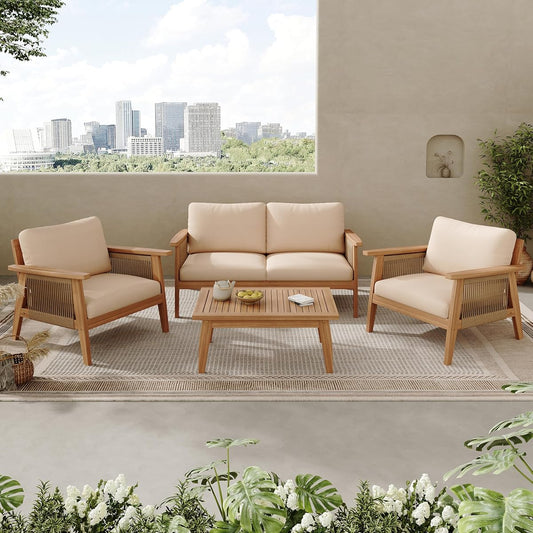 Lorna 4-Seater Patio Furniture Set with Removable Cushion, 4 Piece Outdoor Acacia Wood Conversation Set, Sold Wood Outdoor Sectional Sofa Set with Coffee Table, Teak+Beige