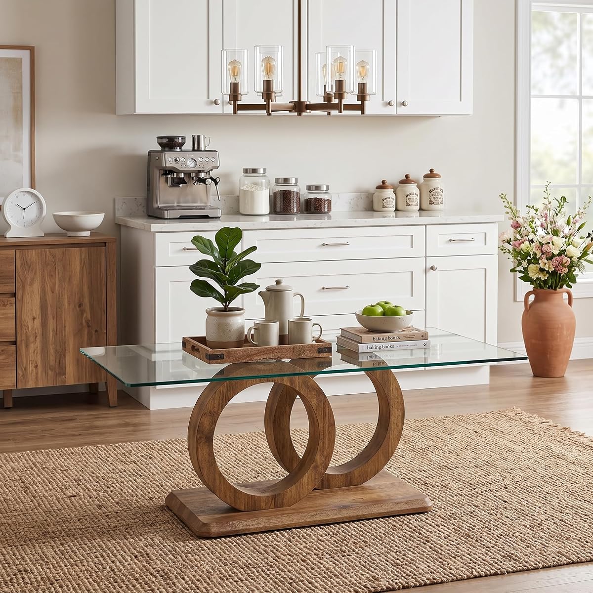 Glass Coffee Table for Living Room, Modern Tempered Glass Tabletop and MDF Legs, Small Modern Coffee Table. (Natural, Style 1)