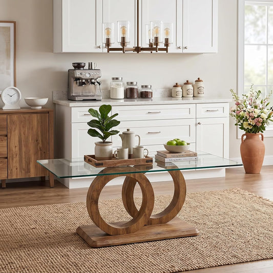 Glass Coffee Table for Living Room, Modern Tempered Glass Tabletop and MDF Legs, Small Modern Coffee Table. (Natural, Style 1)