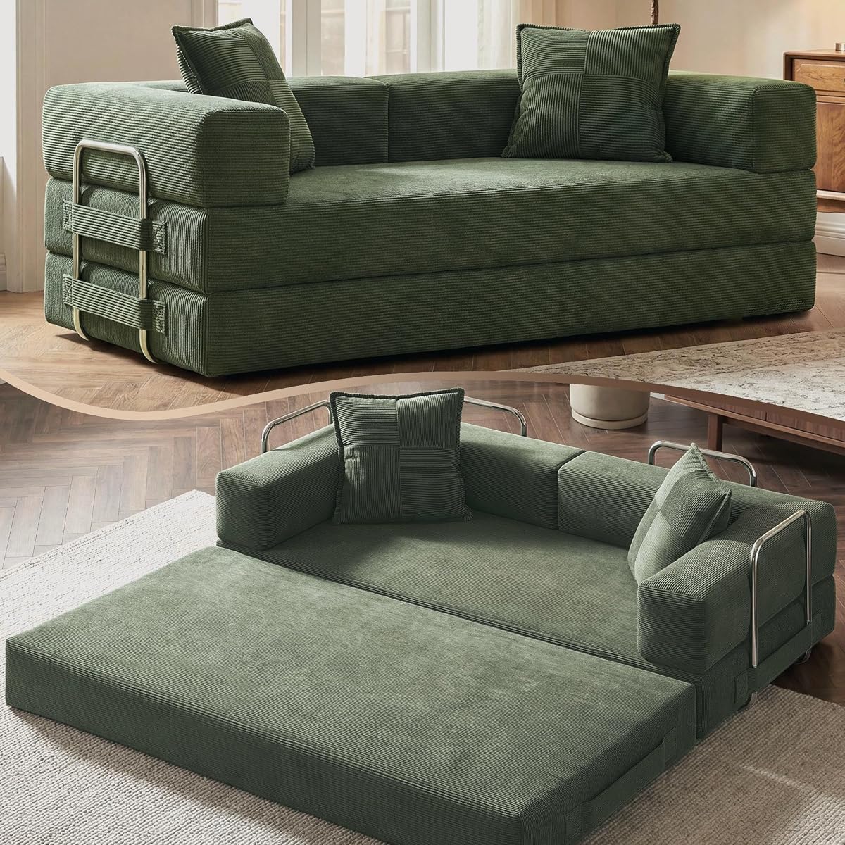 78" 5-in-1 Convertible Futon Sofa Bed, Boneless Corduroy, Green