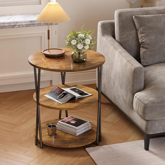 23 Inch Round Side Table 3-Tier End Table Living Room Small Patio Table Nightstands Round Coffee Table Spacious Top for Couch Bedroom 3 Storage Shelves Accent Coffee Table, Rustic Brown