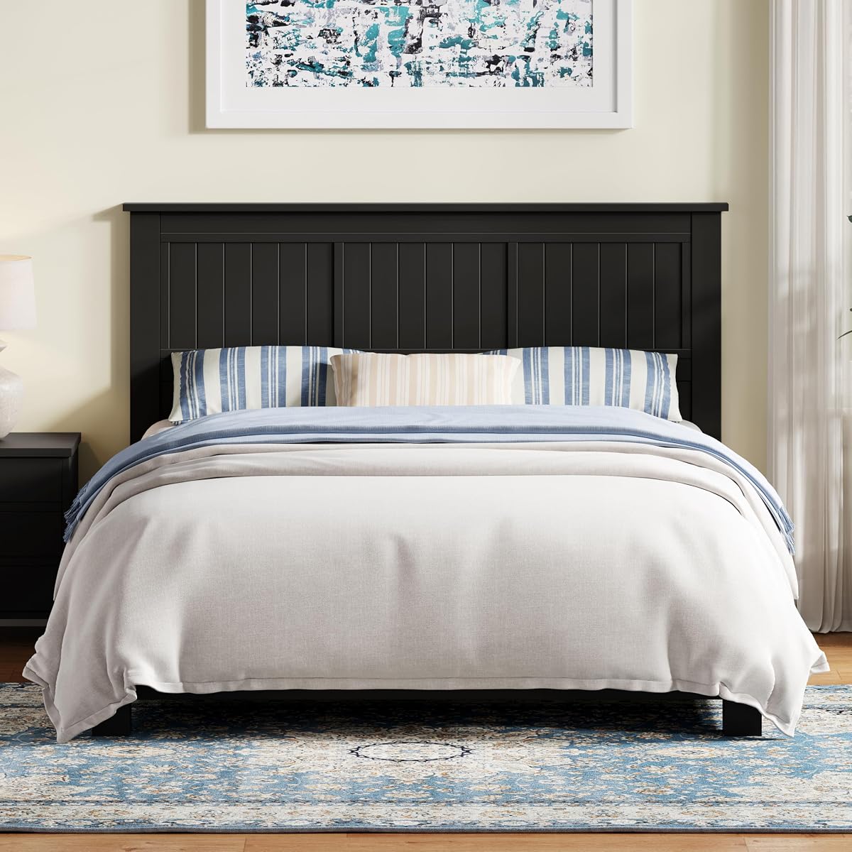 Wood Panel Headboard with Window-Pane Design, Queen Size, Black, Easy Assembly
