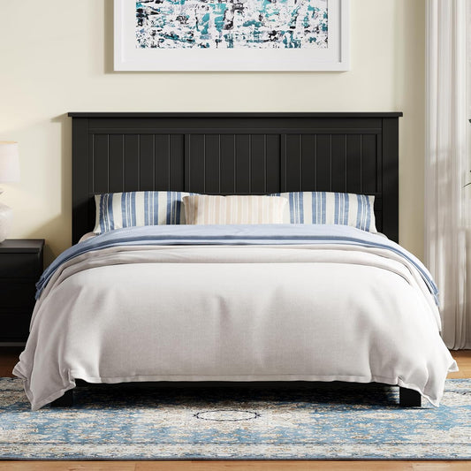 Wood Panel Headboard with Window-Pane Design, Queen Size, Black, Easy Assembly