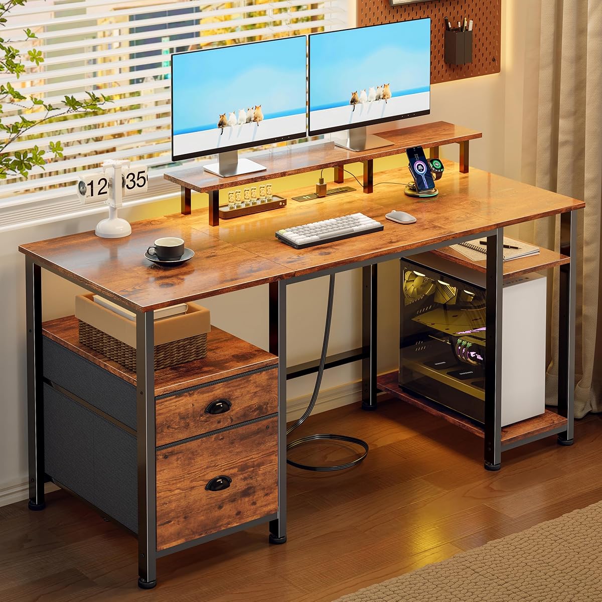 51" Computer Desk with Power Outlet and LED Lights, Reversible Home Office Desk with File Cabinet & Monitor Stand, Large Gaming Table with Storage Shelves & Drawer, Rustic Brown