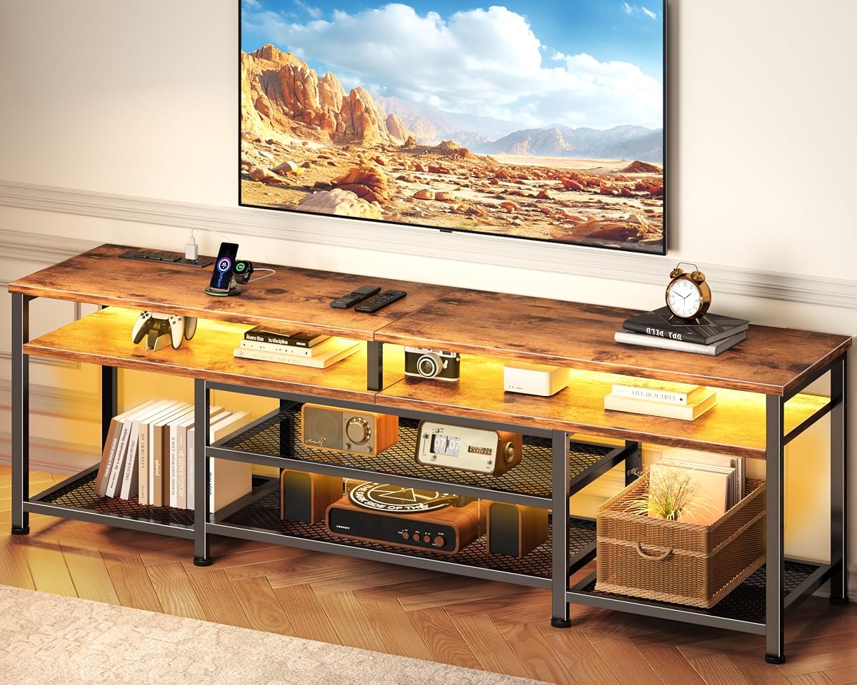 63 Inch TV Stand with Power Outlets & LED Lights, Rustic Brown