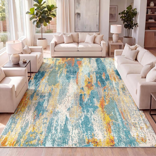 Modern Abstract Vintage Waterfall Blue/Cream/Yellow Indoor Area Rug, 5x8, Contemporary POP, Easy-Cleaning for Living Room, Bedroom, Kitchen, Pet Friendly, Non-Shedding (CTP106B-5)