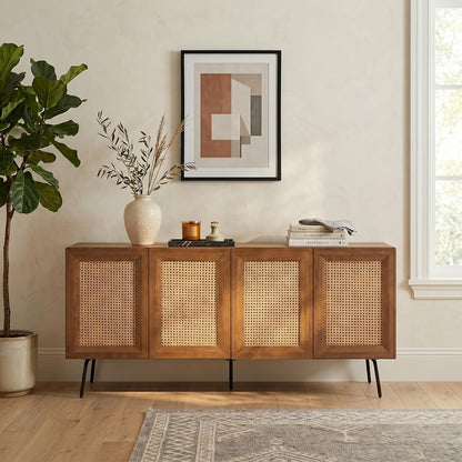 MOSSIC Modern Sideboard with 4 Doors, Natural Rattan Storage Cabinet, Buffet with Metal Legs, Boho Accent Cabinet for Living Room, and Entryway, Effortless Assembly, Teak Look
