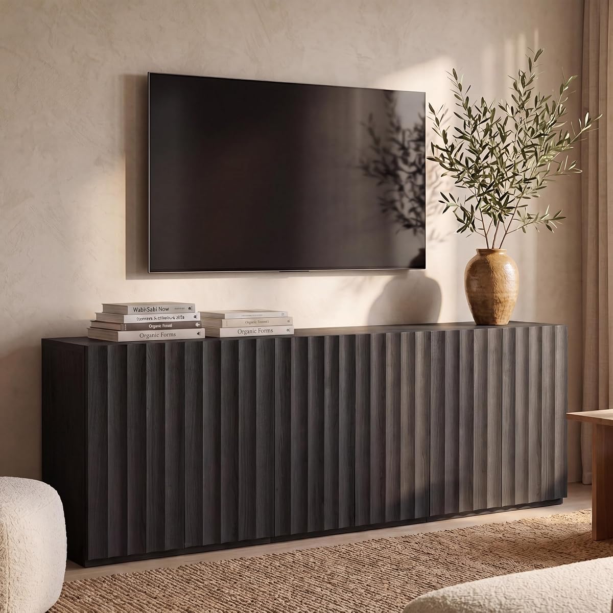 Sideboard Cabinet, 94.11" Buffet Fluted Cabinet, Charcoal Oak