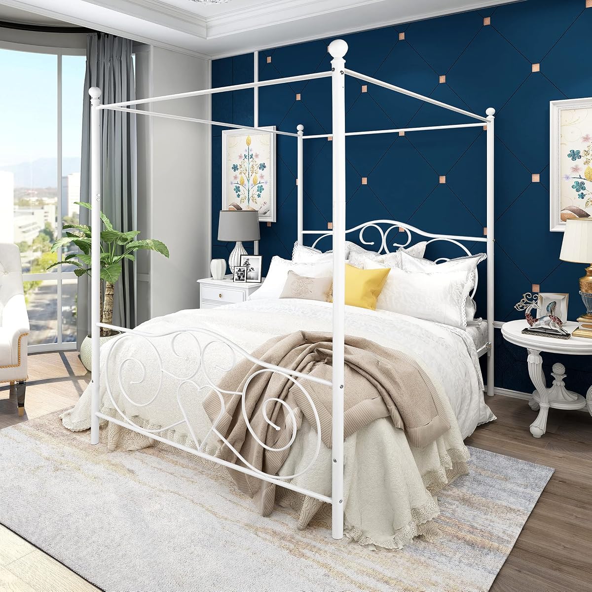 Canopy Full Bed Frame Platform Heavy Duty Steel Slat and Support with Headboard