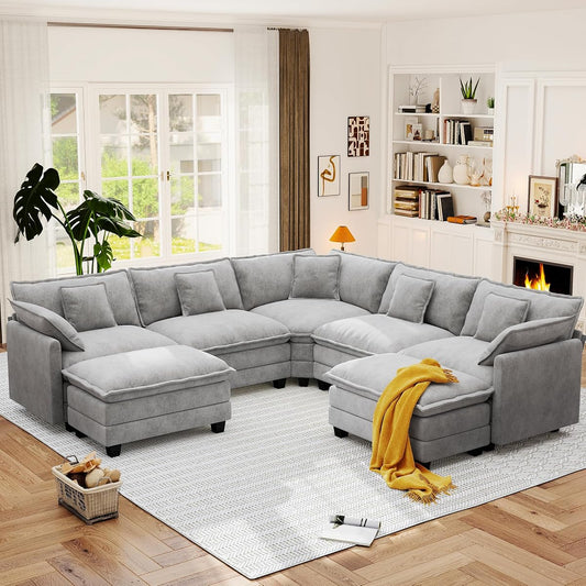 113.8" Modular Sectional Sofa,Cloud Couch for Living Room,Modern Deep Seat Sofa 5 Seater Chenille Fabric Comfy L Shaped Couches with Throw Pillows & Movable Ottoman for Apartment