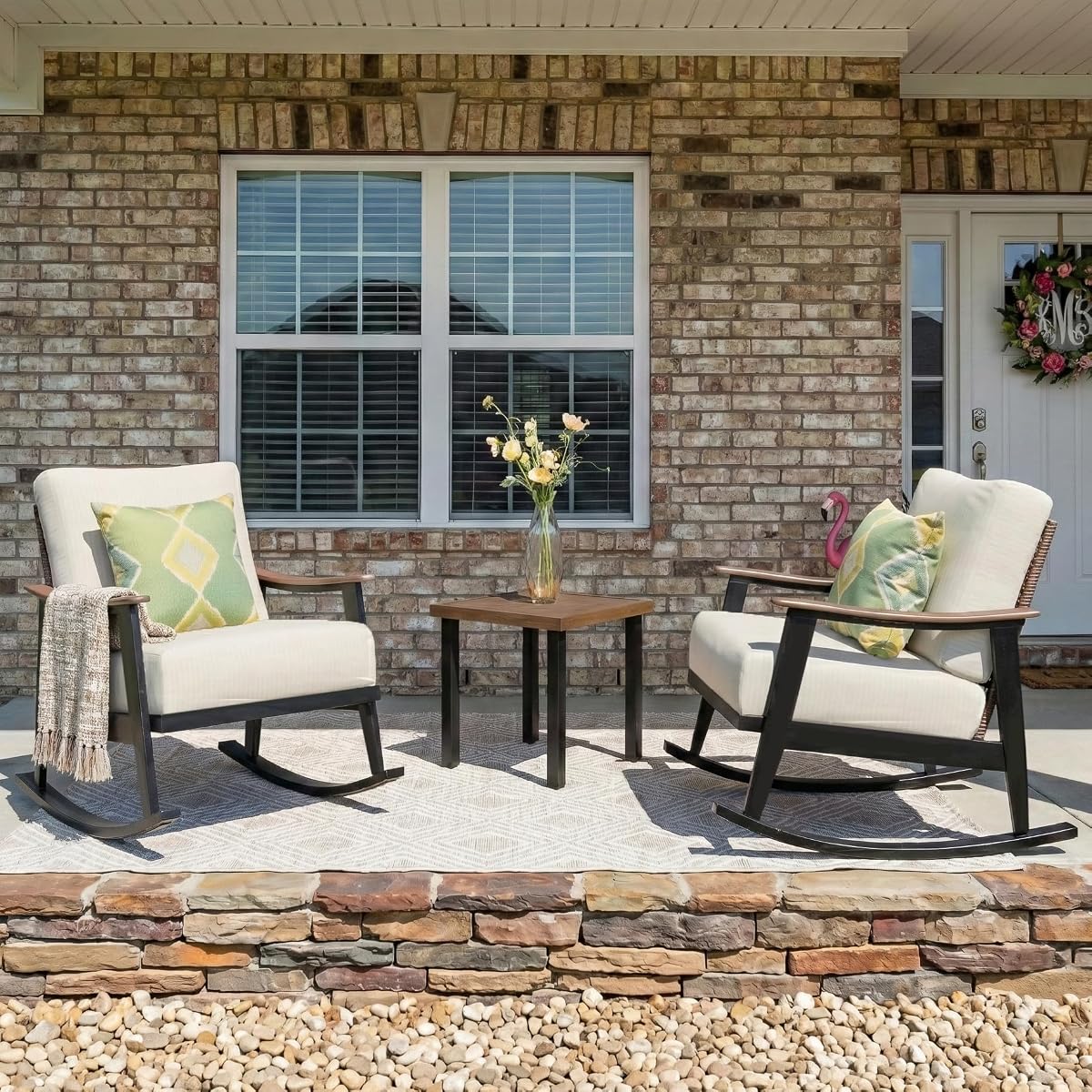 Rocking Bistro Set,3 Piece Wicker Patio Furniture Set with 2 Outdoor Rocker Chairs,Rattan Back,Aluminum Wood-like Armrest,Sturdy Metal Frame,6" Soft Cushions for Porch,Balcony,Yard
