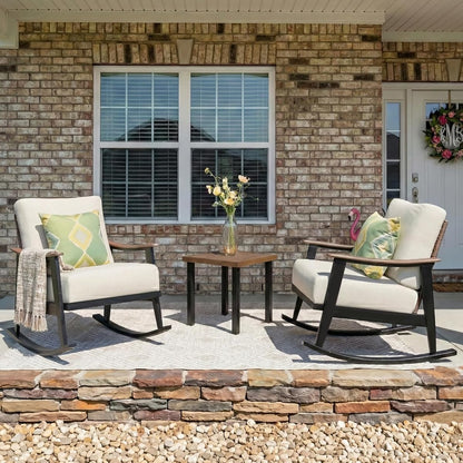 Rocking Bistro Set,3 Piece Wicker Patio Furniture Set with 2 Outdoor Rocker Chairs,Rattan Back,Aluminum Wood-like Armrest,Sturdy Metal Frame,6" Soft Cushions for Porch,Balcony,Yard