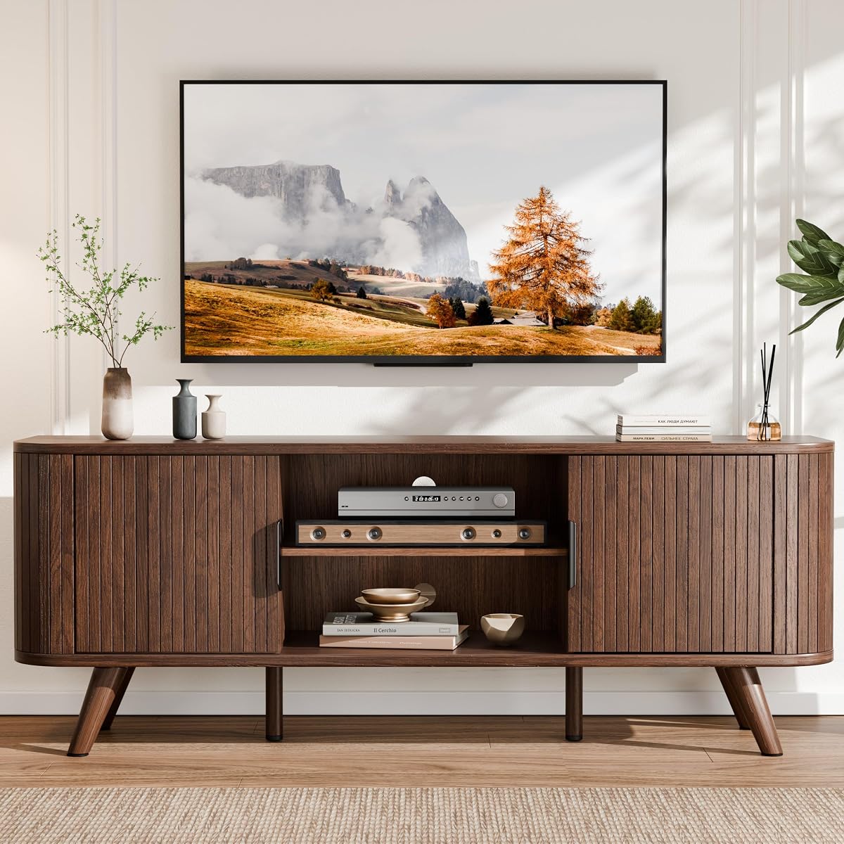 55'' TV Stand for 60 Inch TV, Fluted Entertainment Center,Walnut