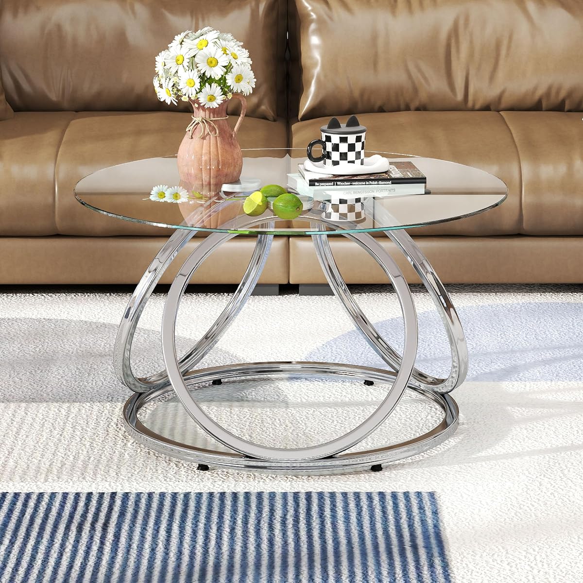 Silver Coffee Table, Modern Glass Coffee Table Living Room Table with Ring-Shaped Frames, Glass Coffee Table for Home&Office, Chrome Finish, 1 PC | Modern