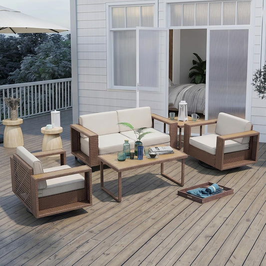 6 Pieces Outdoor Patio Furniture Set, Rocker Chairs and Sofa with 10 inch Thick Cushions and Steel Frame and Wooden Board, PE Rattan Weaving Outdoor Conversation Set Brown/Light Gray Linen