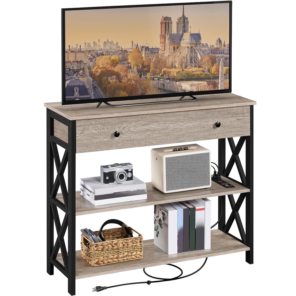 Yaheetech TV Stand with Power Outlets, Entertainment Center with Drawer, Media Console Table for TV up to 45 inch with Open Storage Shelf for Bedroom/Living Room/Hallway, Metal Frame, Grey