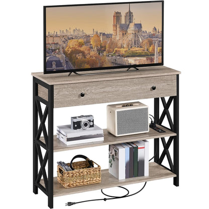 Yaheetech TV Stand with Power Outlets, Entertainment Center with Drawer, Media Console Table for TV up to 45 inch with Open Storage Shelf for Bedroom/Living Room/Hallway, Metal Frame, Grey