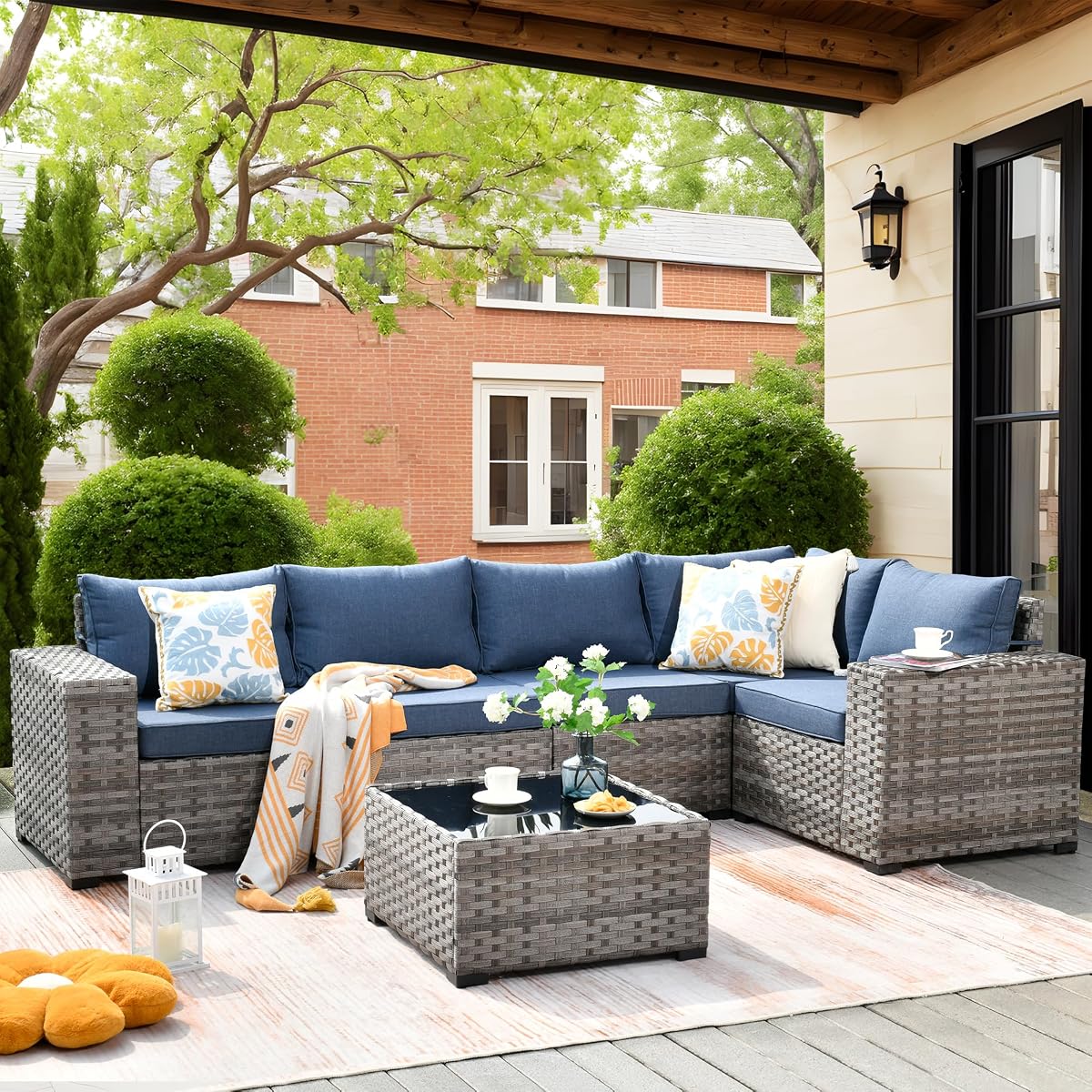 6 Pieces Patio Furniture Set, Outdoor Wicker Sectional Sofa with Coffee Table Comfy Cushions, Modern Modular Deep Seat Couch Rattan Conversation Set, Denim Blue