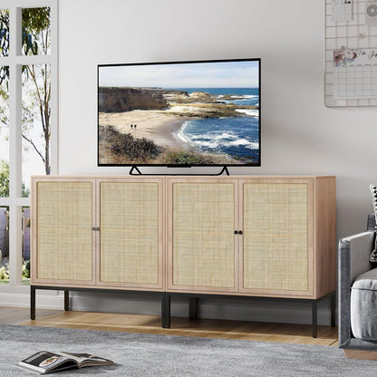 Set of 2 Sideboard Buffet Cabinet with Natural Rattan Decorated Doors, 63" W Rattan Cabinet, Console Storage Cabinet, Boho Credenza for Living Room, Entryway, Dining Room/Square Doors