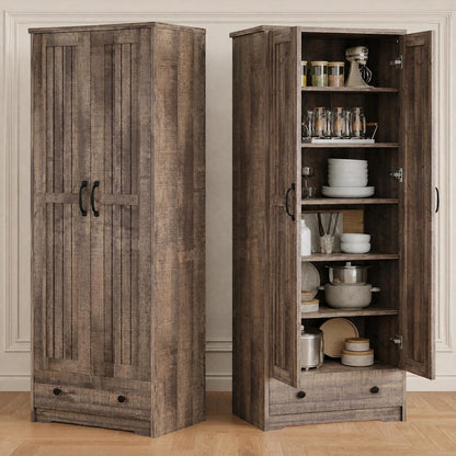 70" Tall Storage Cabinets, Large Wood Storage Pantry Cabinet with 6 Adjustable Shelves, 2 Striped Doors & Drawer, Standing Utility Cabinet for Kitchen, Bathroom, Dining Room, Antique (Brown)