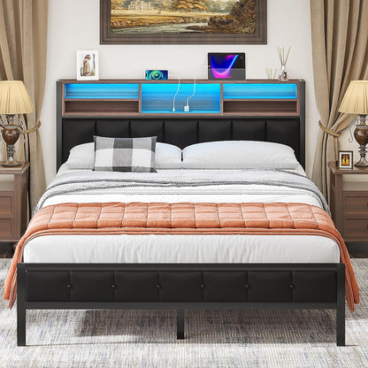 Metal bed frame with wooden accents, black, LED lighting and storage