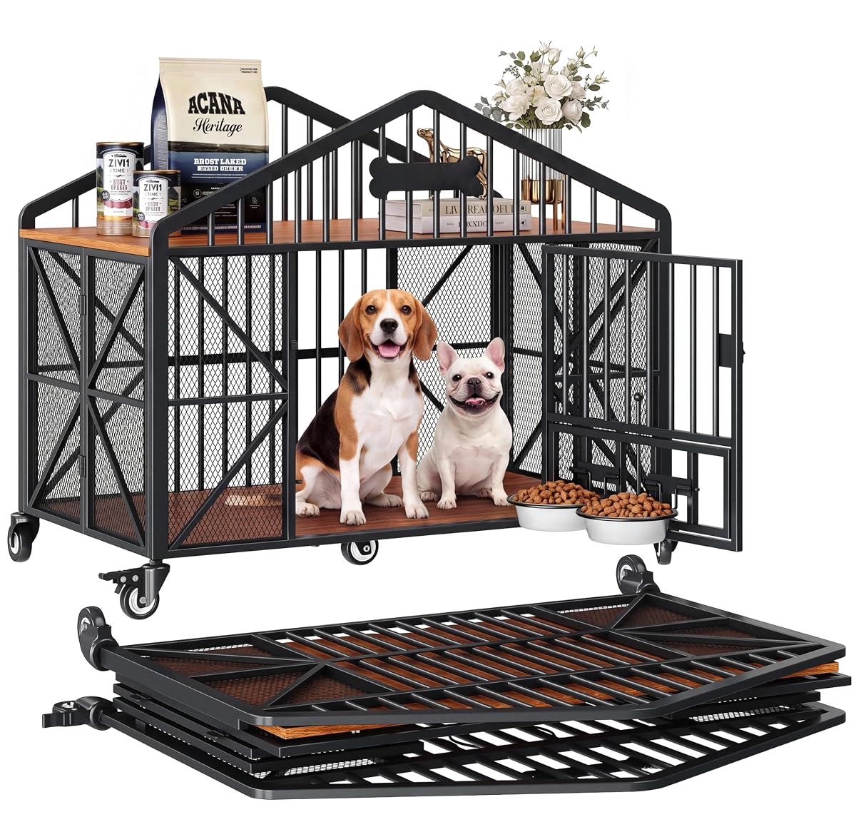 41.5" Foldable Dog Crate Furniture with 5 Wheels & Adjustable Bowls