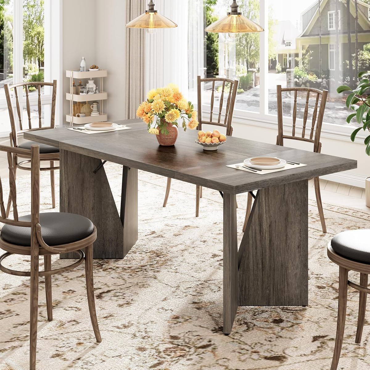 70.9'' Rectangular Dining Table for 6-8, Wooden Thickened Long Desk, Farmhouse Kichen Table with Sturdy Frame and Wooden Legs, for Dining Room, Kitchen, Living Room, Office, Retro Grey
