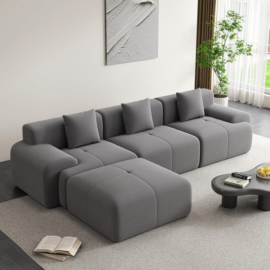120" Cloud Modular Sectional Couch,Boneless Sofa,L-Shape Upholstered Sofas with Deep Seat,Modern Cozy Corduroy Couches with Memory Foam,No Assembly Required for Living Room(Dark Grey)