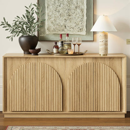 Fluted Sideboard Buffet Cabinet with Storage, 65" Modern Accent Cabinet with Double-Layered Arch Doors, Wood Boho Media TV Console Table Credenza for Living Dining Room Hallway Entryway, Oak