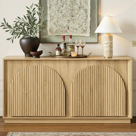 Fluted Sideboard Buffet Cabinet with Storage, 65" Modern Accent Cabinet with Double-Layered Arch Doors, Wood Boho Media TV Console Table Credenza for Living Dining Room Hallway Entryway, Oak