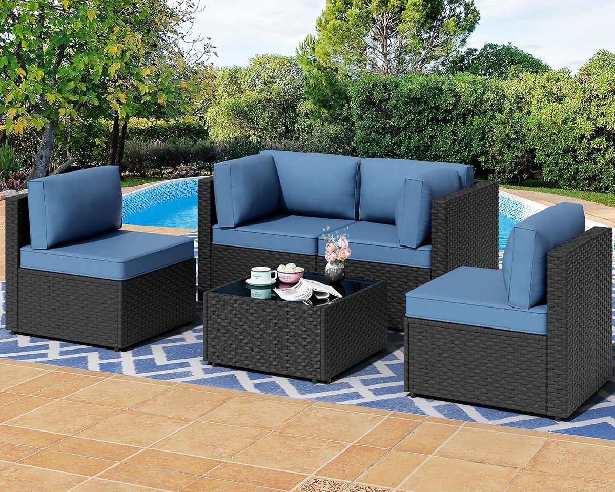 5 Pieces Outdoor Patio Sectional Sofa Couch, PE Wicker Furniture Sets, Patio Conversation Sets with Washable Cushions Glass Coffee Table for Garden, Poolside, Backyard, Aegean Blue