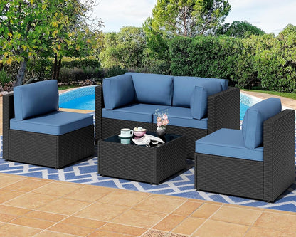 5 Pieces Outdoor Patio Sectional Sofa Couch, PE Wicker Furniture Sets, Patio Conversation Sets with Washable Cushions Glass Coffee Table for Garden, Poolside, Backyard, Aegean Blue