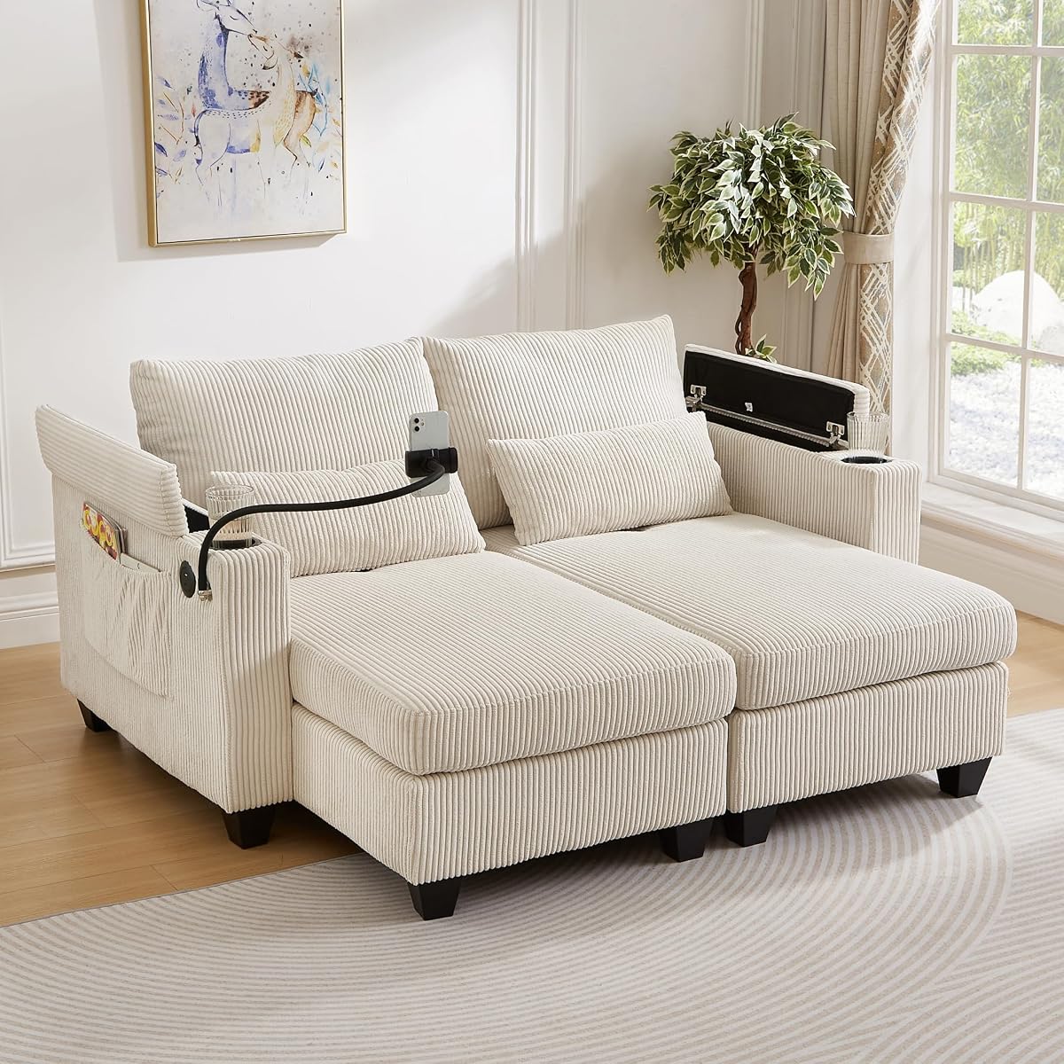 Modern 63" Convertible Chaise Lounge with USB Ports, Phone & Cup Holders